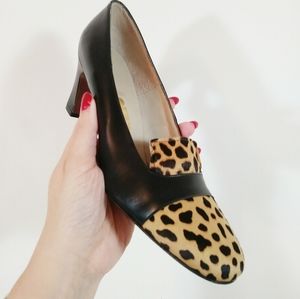 HP🎉Vintage 1950s 60s Pinup Real fur Spotted Animal Print heels pump All leather